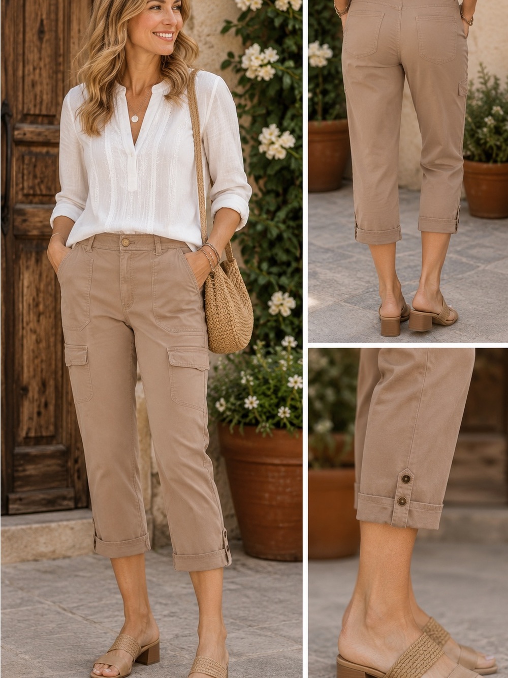 Democracy CarmelUtility Cargo Capri Pants | Roll Tab Hem | Stretch Cotton